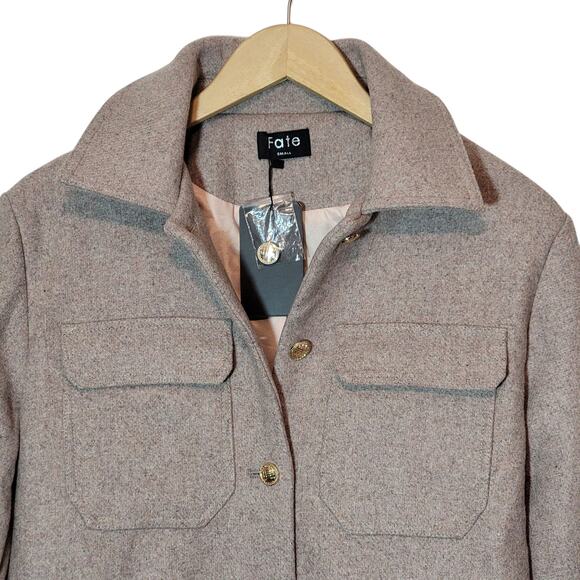FATE Wool Jacket Shacket Beige Tan Mid Length S Fall Winter Layering Chic NWT - Picture 3 of 12